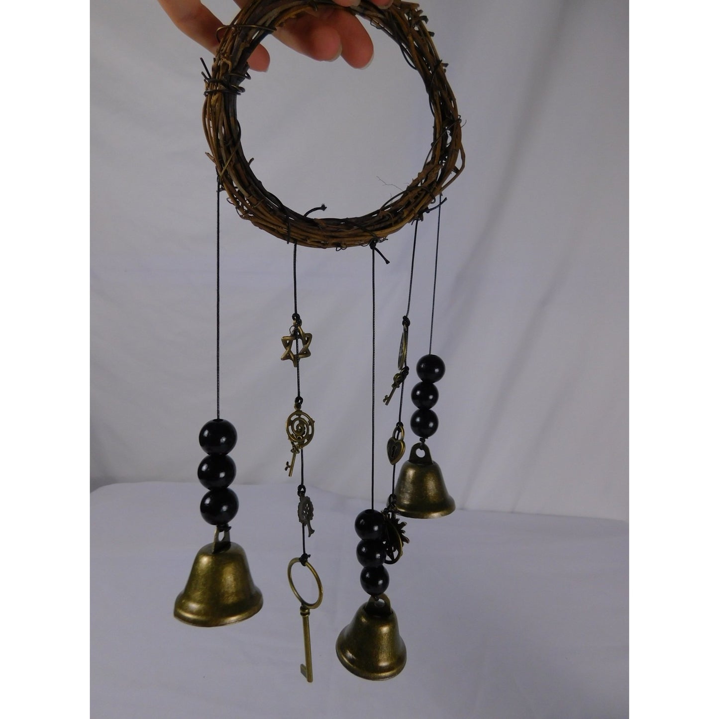 Handmade Grapevine Wreath Witches Bells For Protection With Brass Bells & Charms