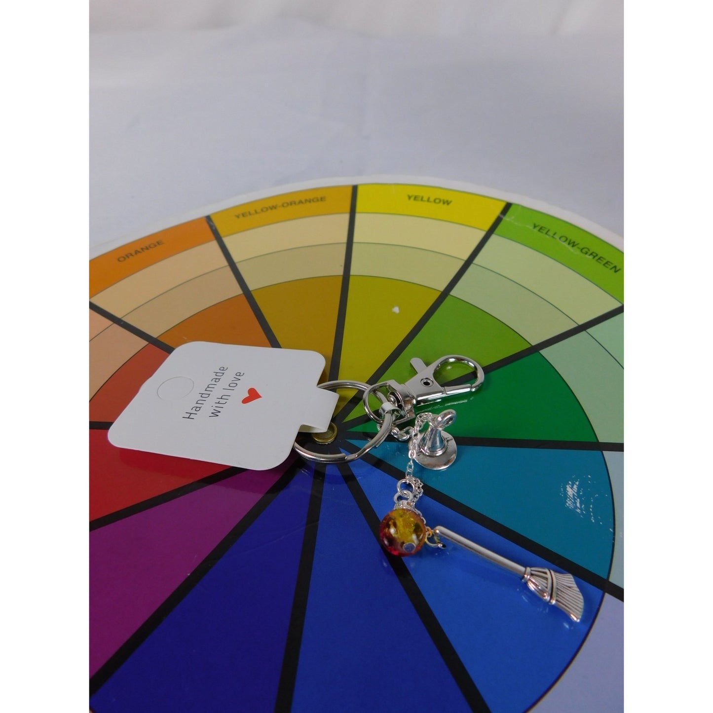 Handmade Witch Hat Broom Keychain Yellow Red Glass Bead Halloween Gift Charm