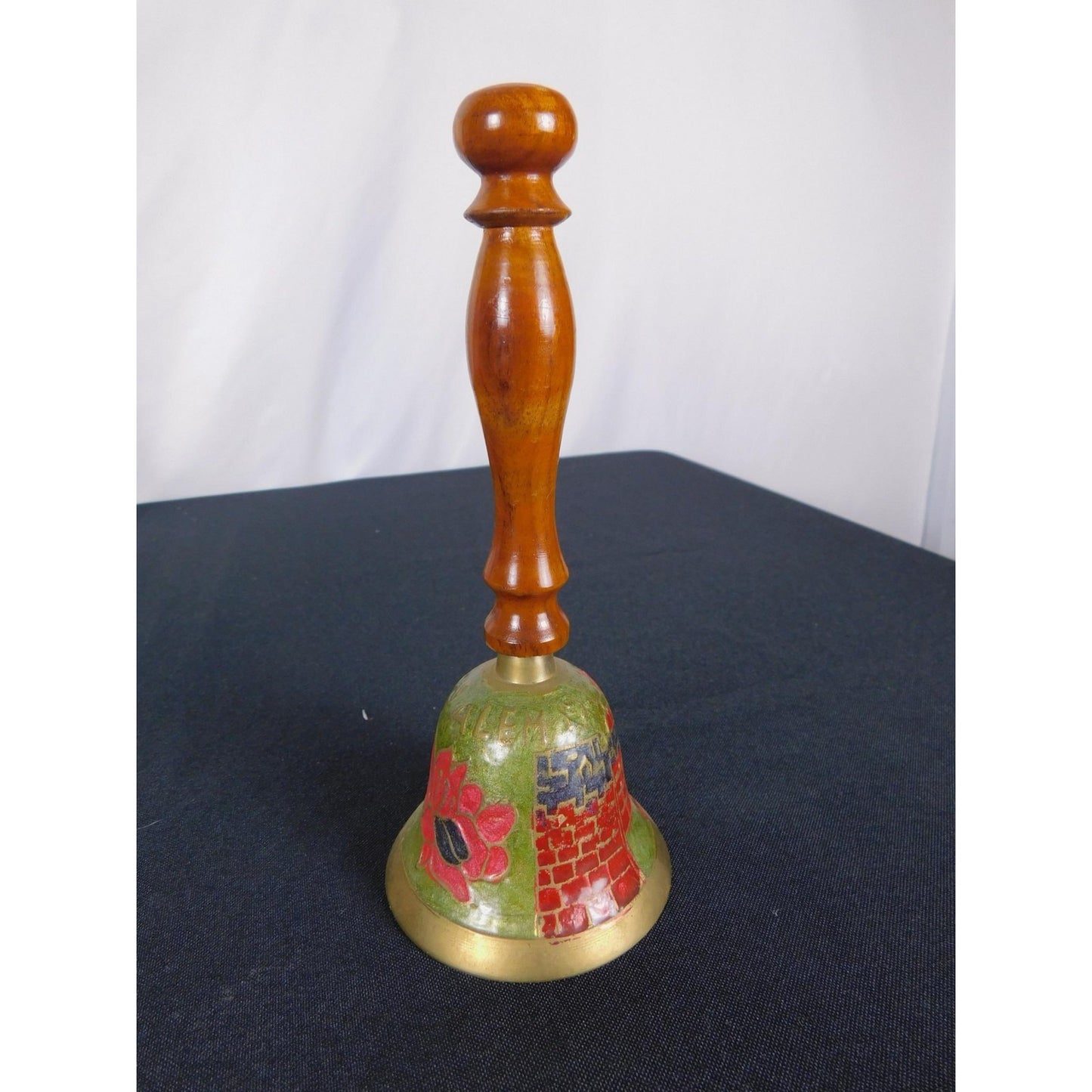 Jerusalem Brass Hand Bell 7" Floral Enamel Wood Souvenir