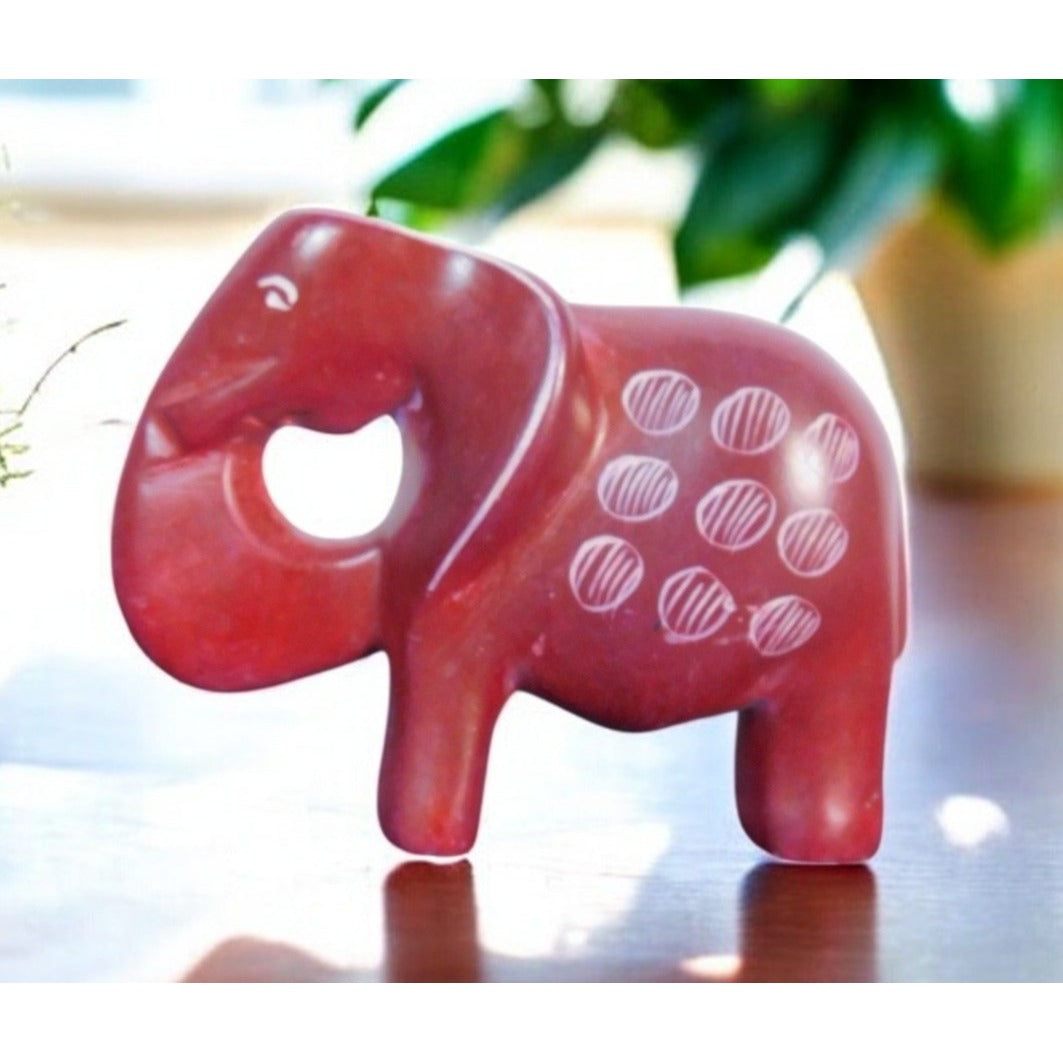Vtg Miniature Hand Carved Red Soapstone Elephant Figurine 3" African Art Decor