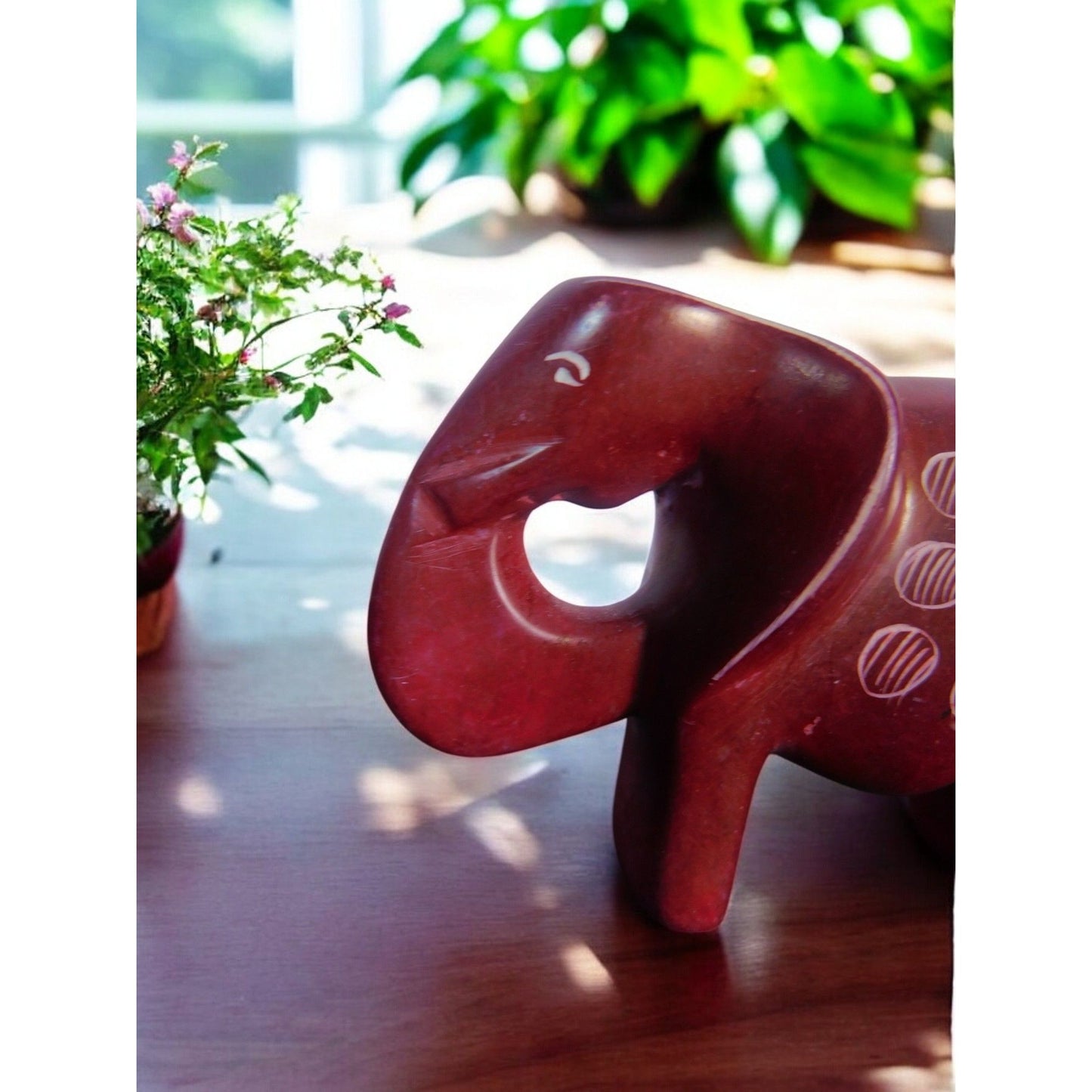 Vtg Miniature Hand Carved Red Soapstone Elephant Figurine 3" African Art Decor