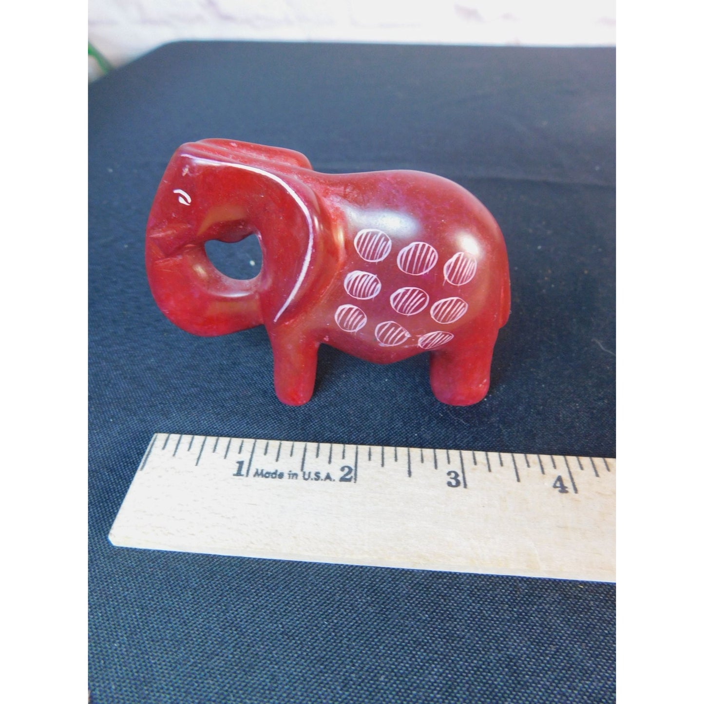 Vtg Miniature Hand Carved Red Soapstone Elephant Figurine 3" African Art Decor