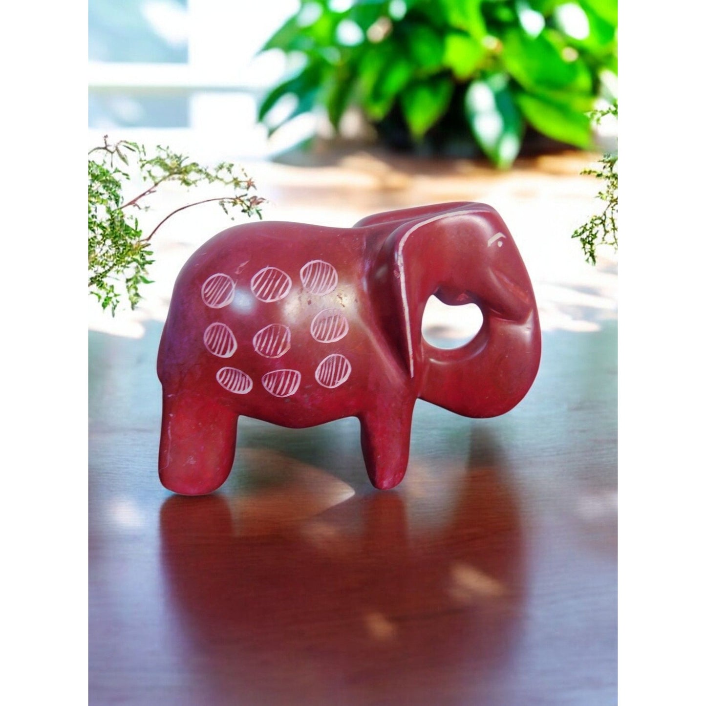 Vtg Miniature Hand Carved Red Soapstone Elephant Figurine 3" African Art Decor
