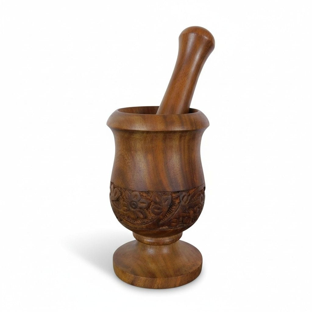 Hand-Carved Wooden Mortar & Pestle 5"H × 3"D - Plain Ritual Grinder - New