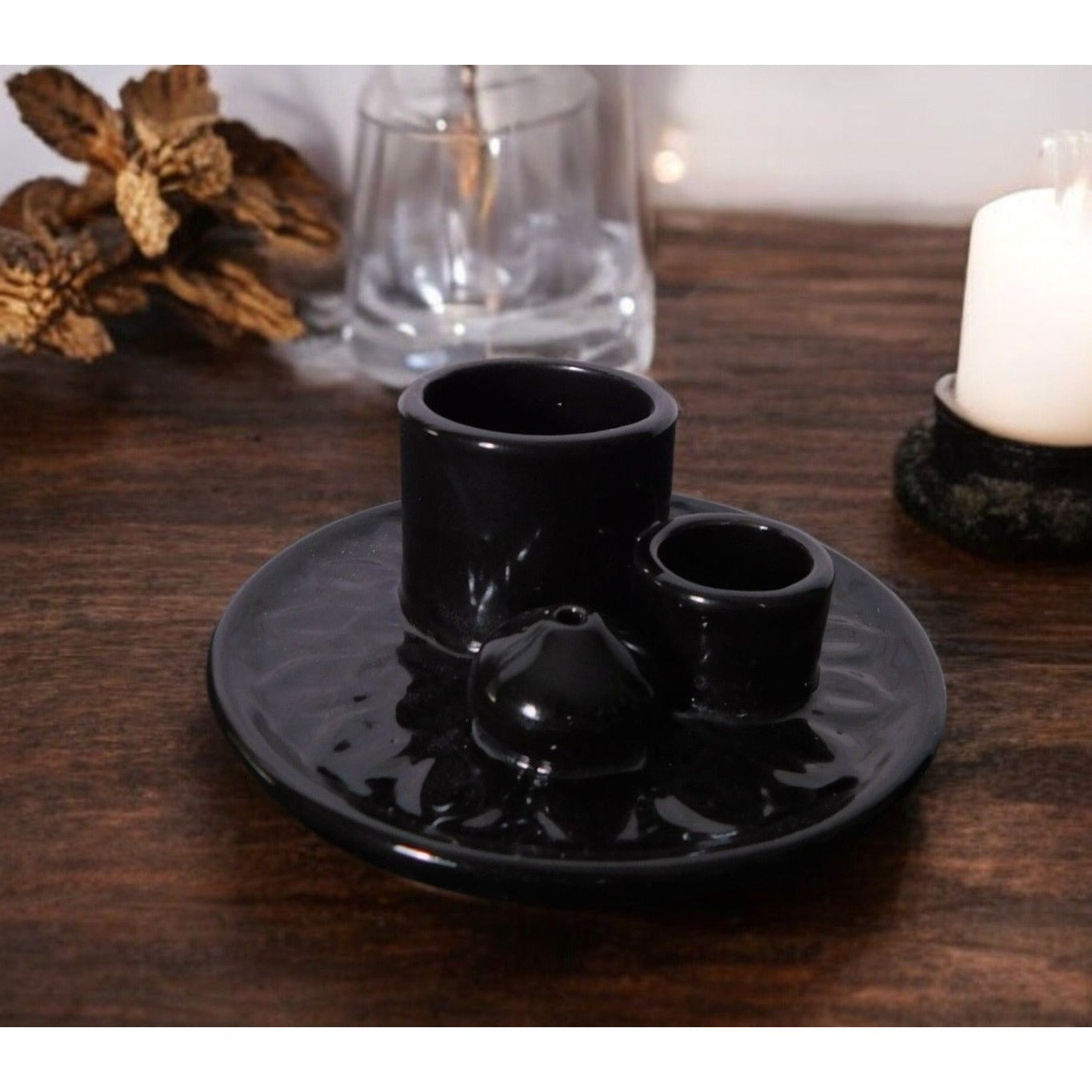 Black Ceramic Incense Holder Ash Catcher Altar Sage Smudge Bowl
