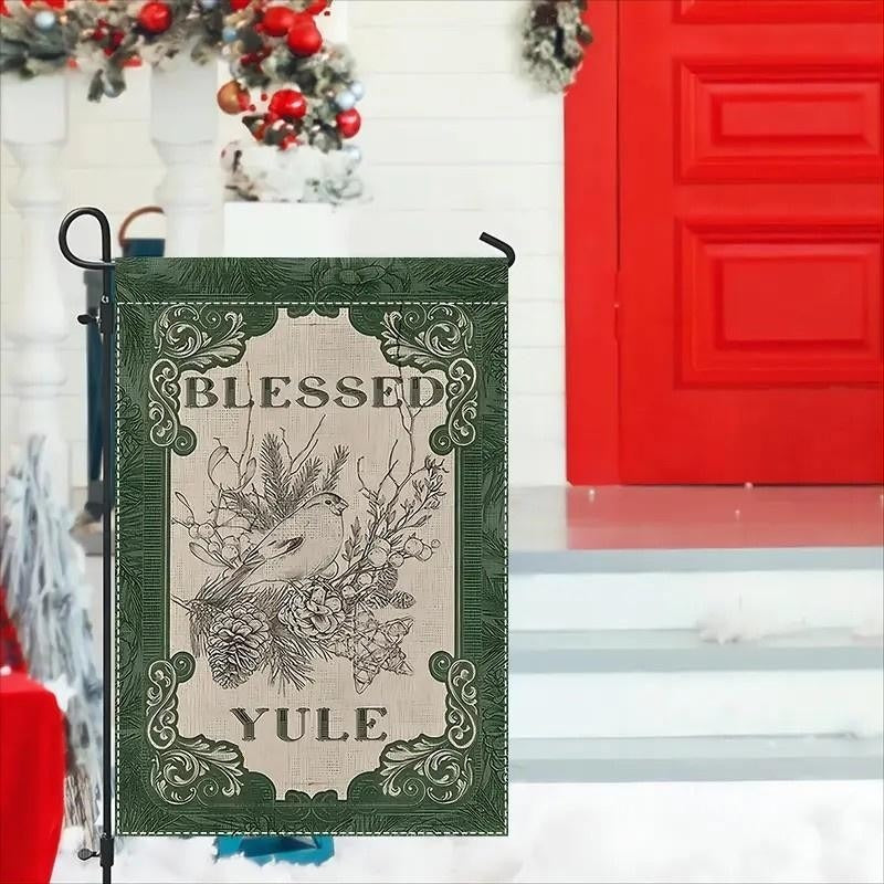 Blessed Yule Garden Flag Winter Holiday Bird Pinecone Double Sided Yard Banner