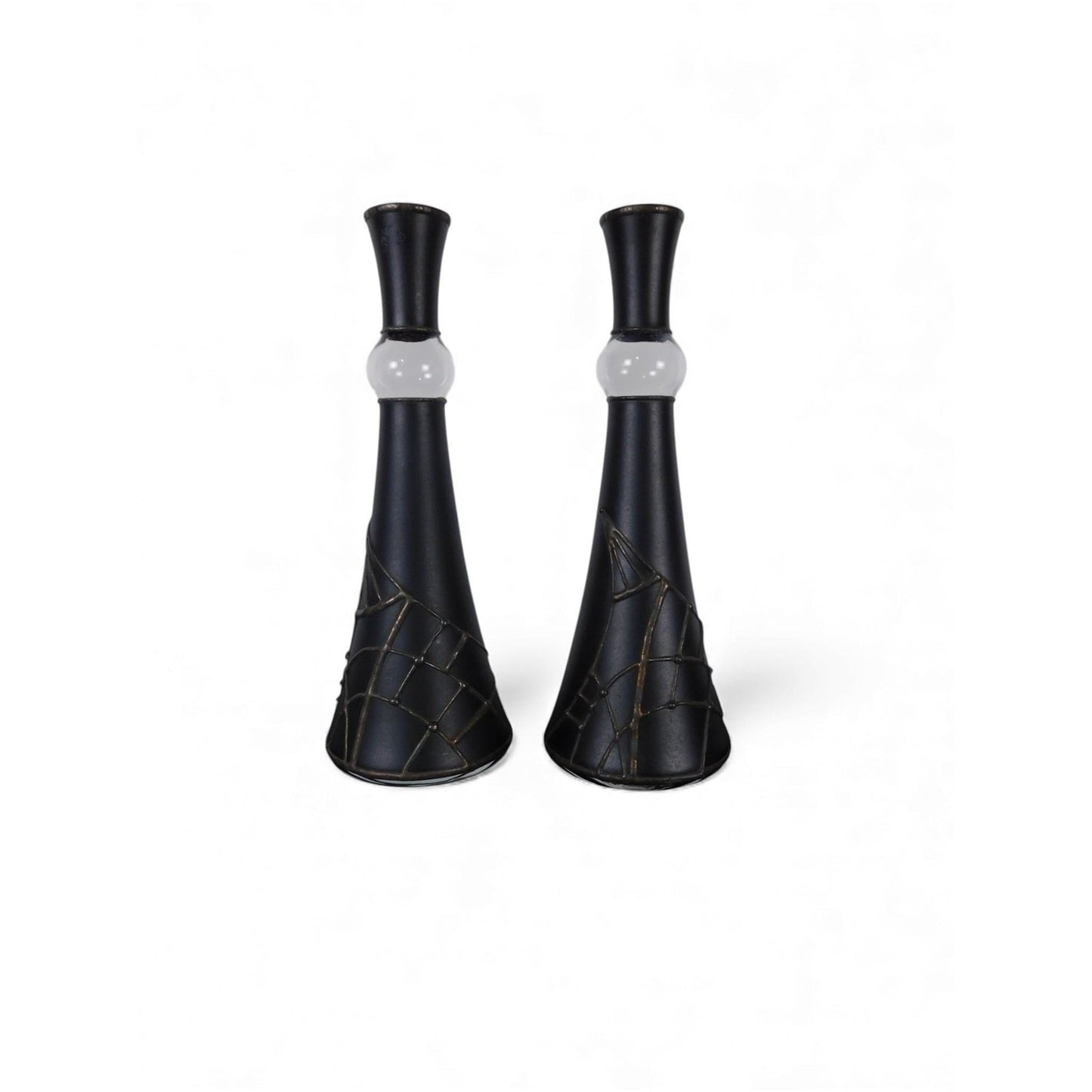 Pair Black Metal Taper Candle Holders White Glass Ball Modern Centerpiece