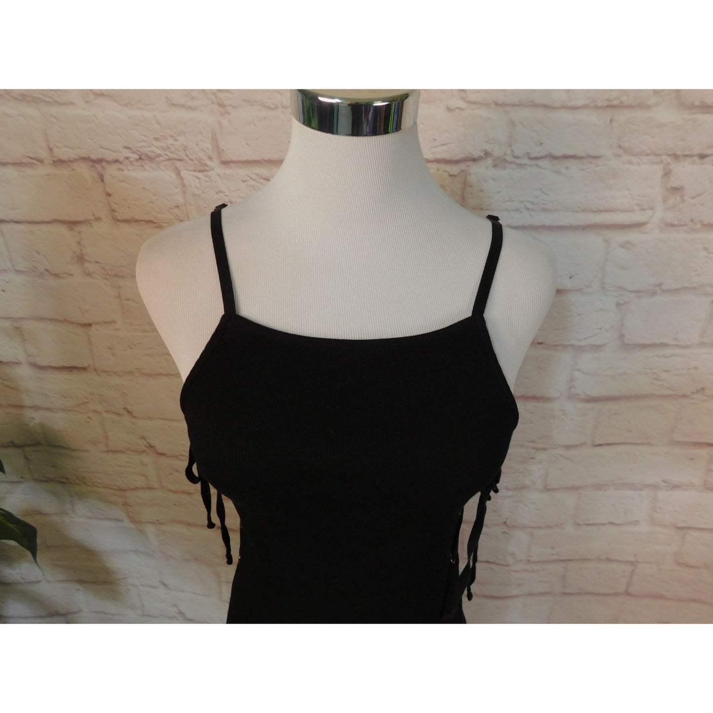 ¿Qué dices? Vestido ajustado midi de algodón acanalado negro con cordones en los laterales M