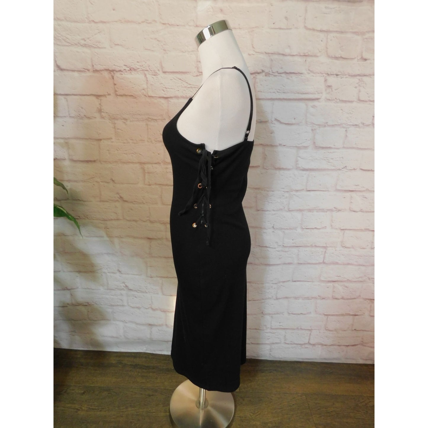 ¿Qué dices? Vestido ajustado midi de algodón acanalado negro con cordones en los laterales M