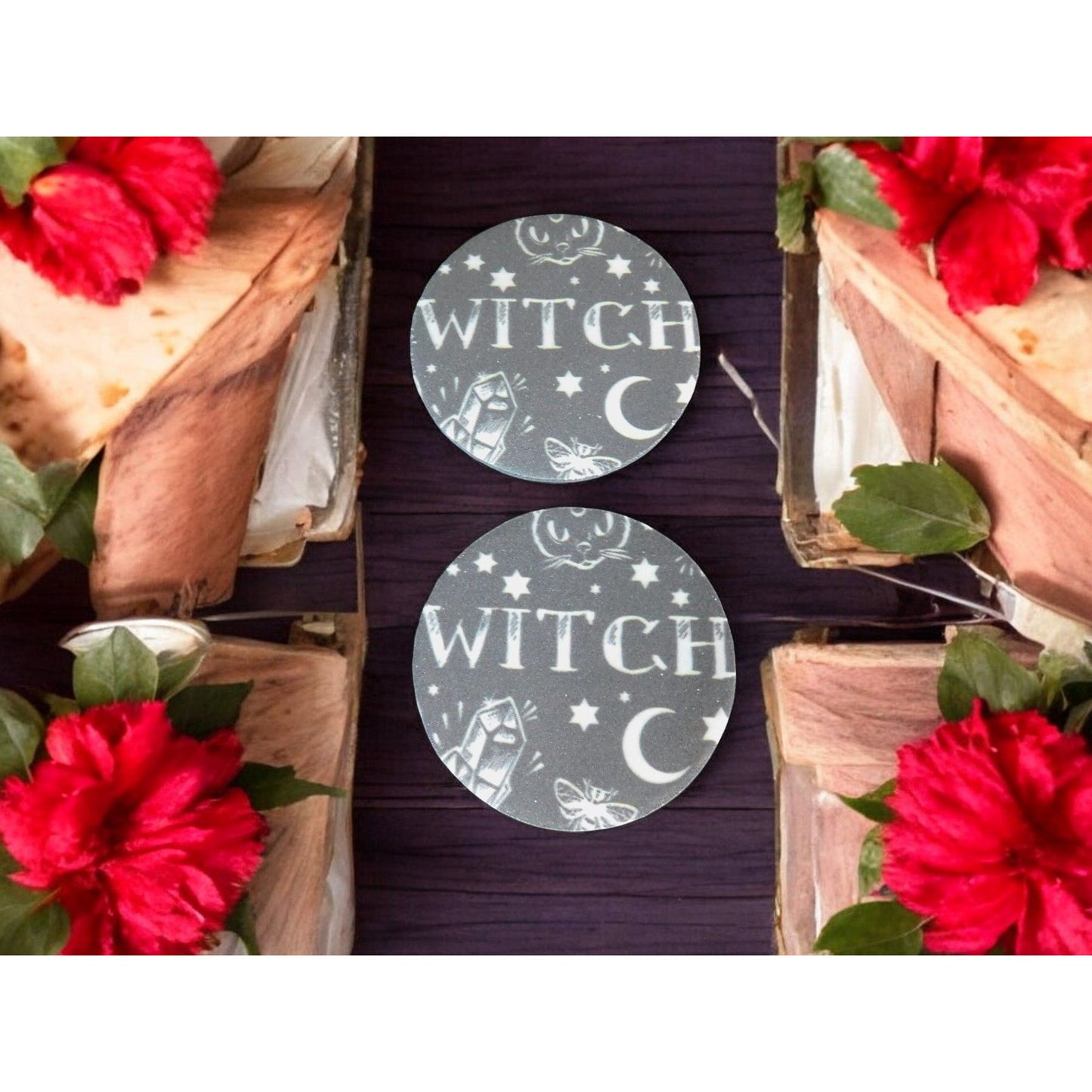 Dessous de verre pour voiture sur le thème des sorcières - Lot de 2 - Motif lune et étoiles - Rond