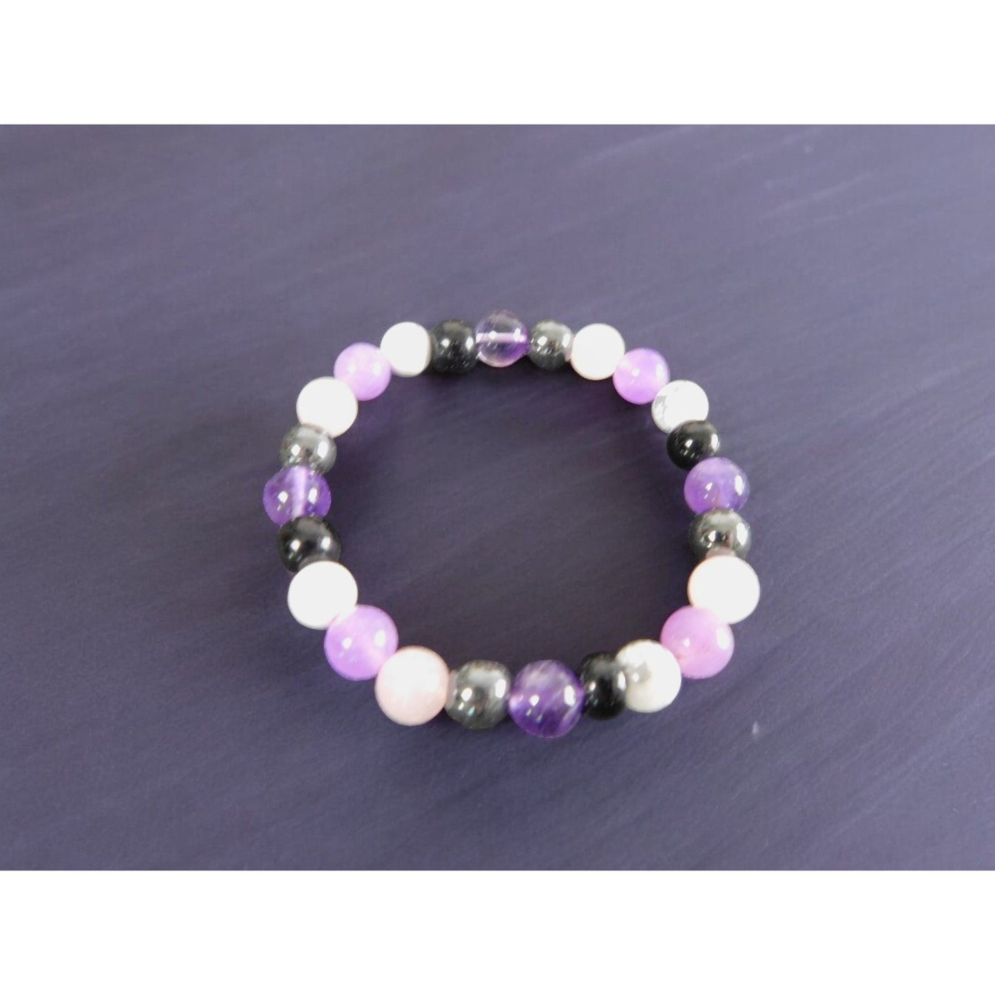 Bracelet apaisant anti-anxiété Améthyste, onyx noir, quartz rose, howlite, hématite, perles de 8 mm