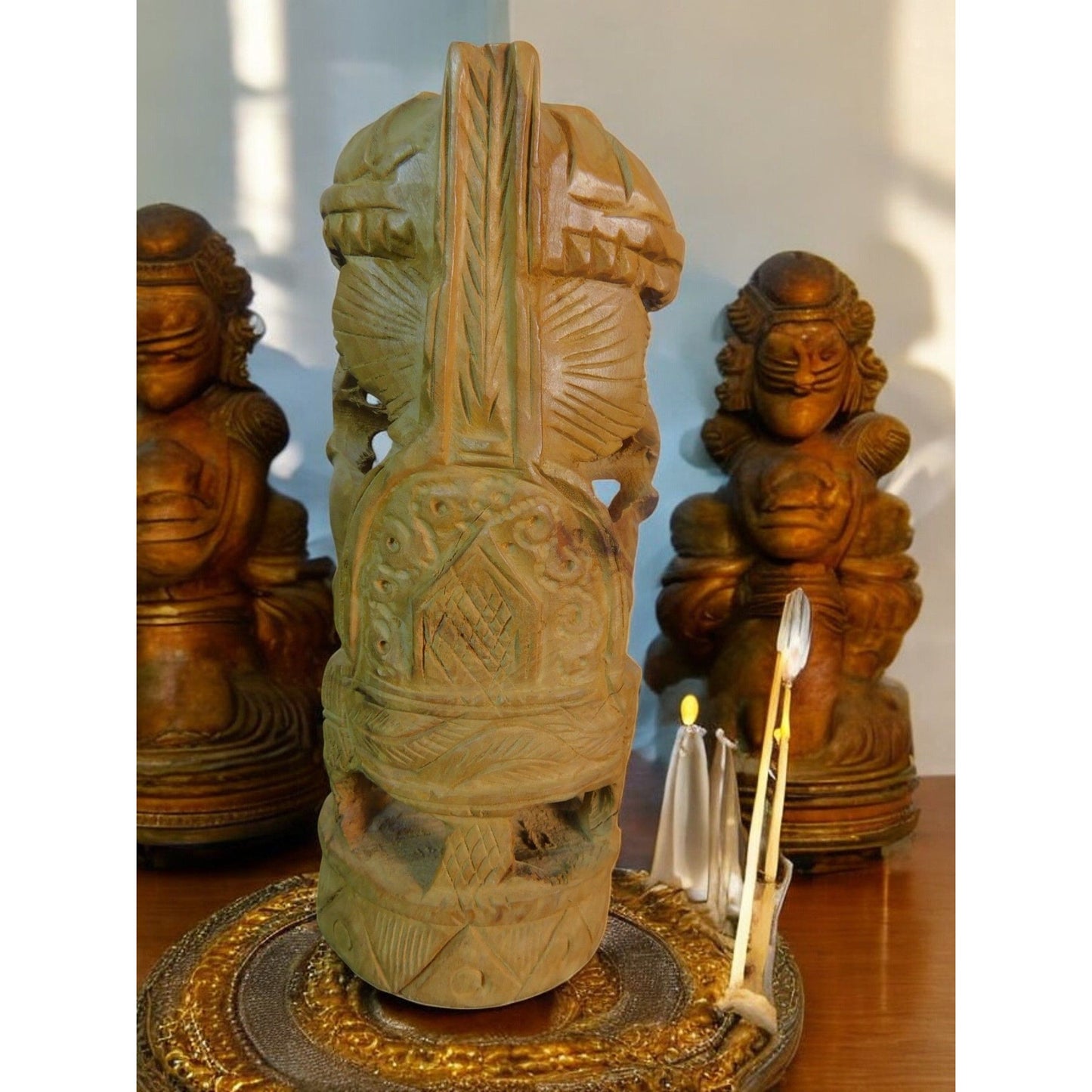 Vintage Hand-Carved Wood Ganesh Idol Elephant God Statue with Umbrella 6.25"