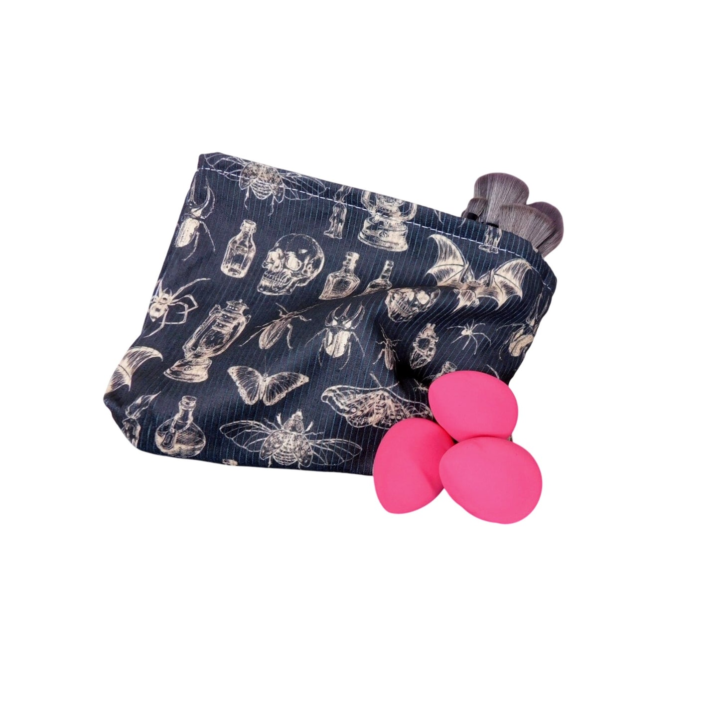 Skull & Insect Gothic Makeup Bag With Zipper Black Fabric Spooky Pattern Medium Size Storage Pouch