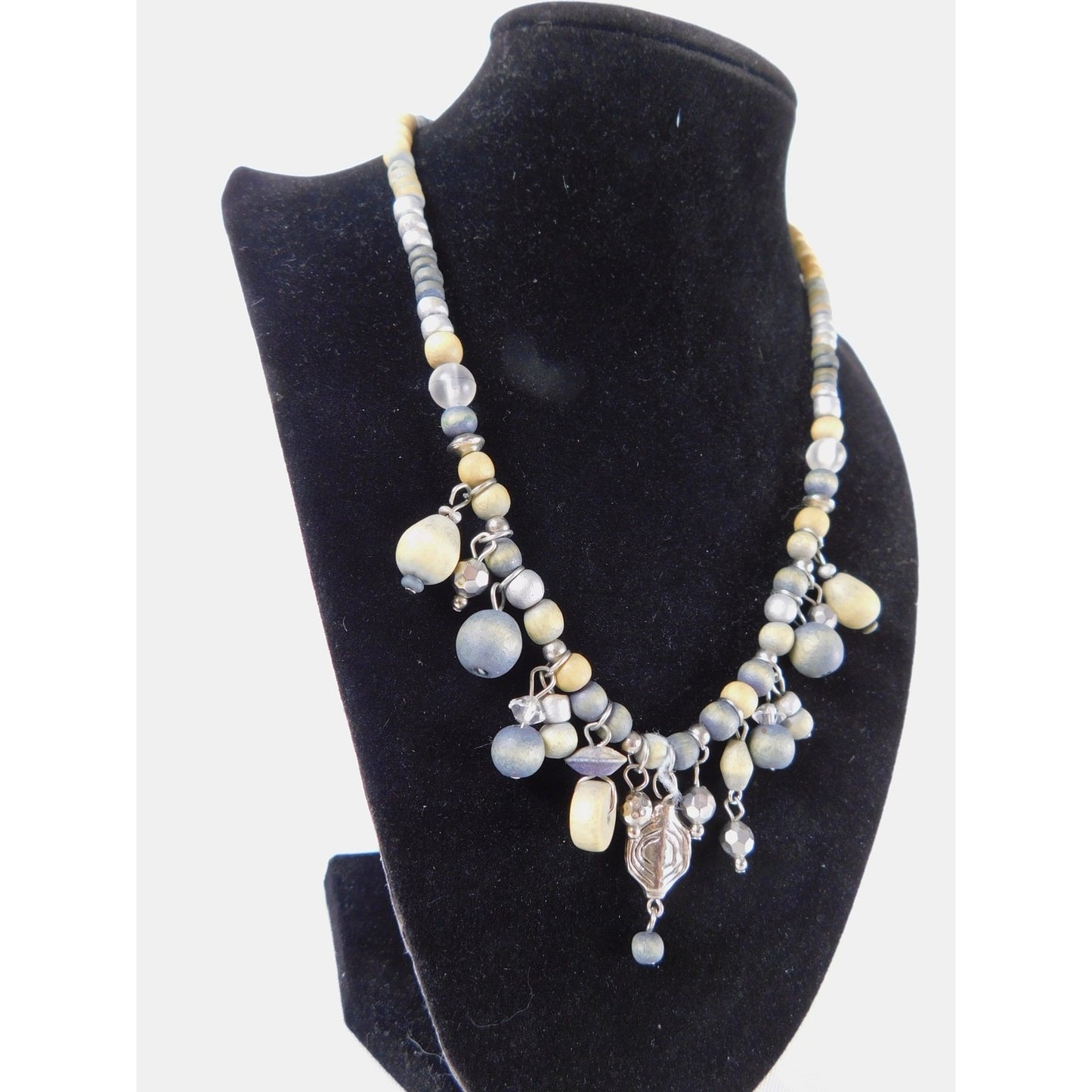 Vintage Handmade Beaded Necklace Silver Tone Dangle Boho Unique Statement Jewelr