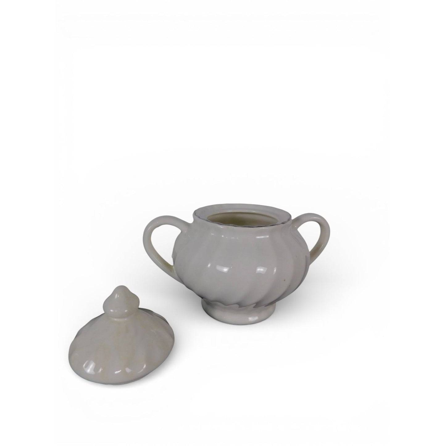 Vintage White Ceramic Sugar Bowl w Lid Double Handle Scalloped