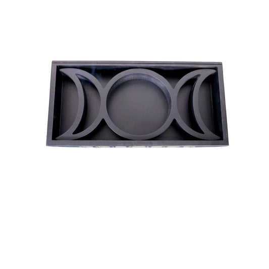 The Witches' Quest black wooden tarot card and crystal display tray with triple moon phase design