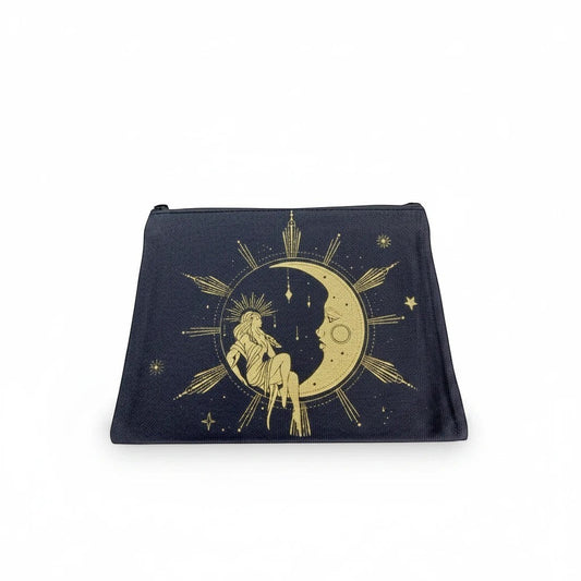 The Witches' Quest dark blue canvas makeup bag with a gold celestial goddess and crescent moon print and zipper closure.