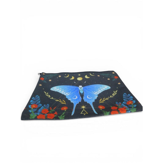 The Witches' Quest black canvas clutch featuring a blue butterfly, celestial moons, stars, and floral print.