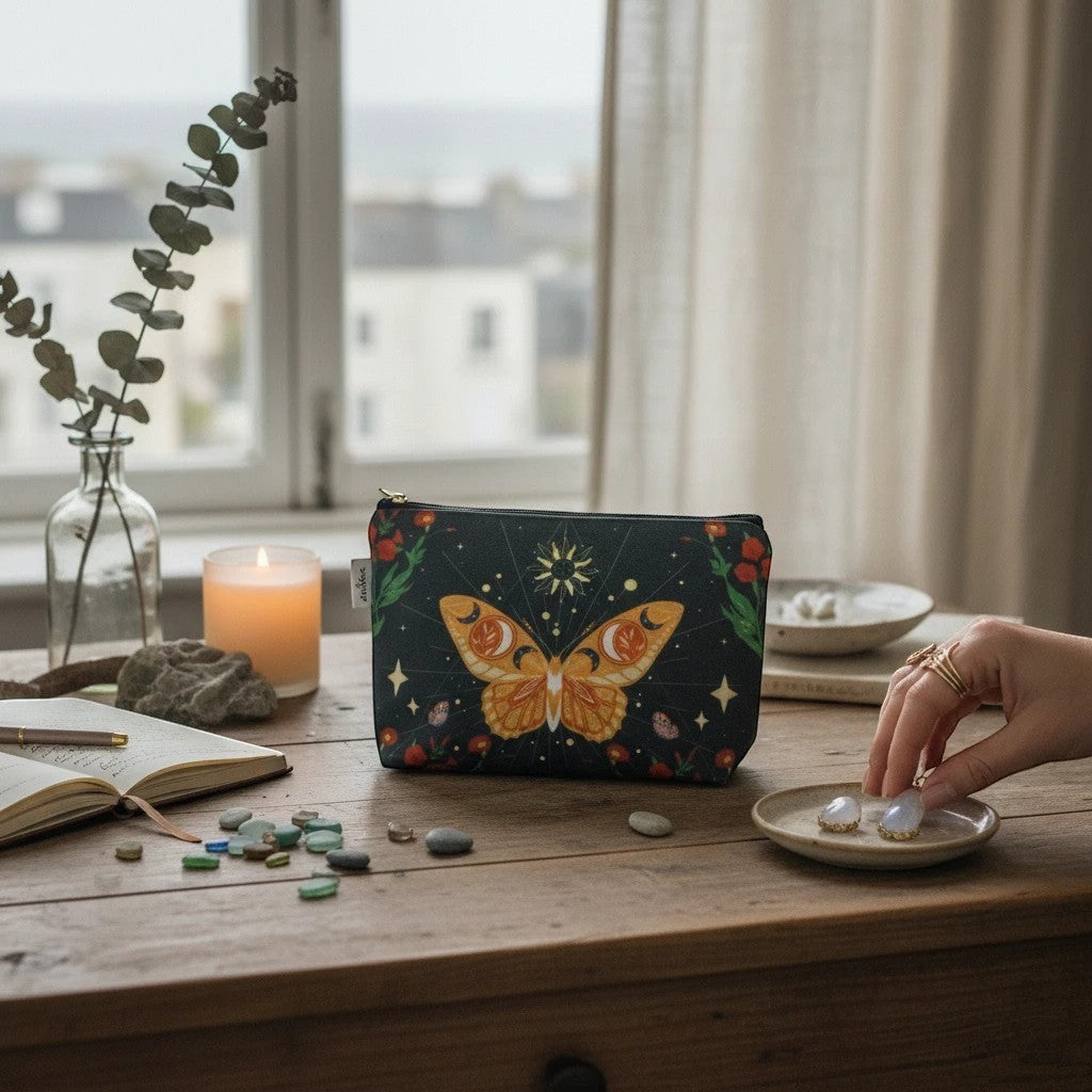 The Witches' Quest black canvas zip pouch featuring a colorful butterfly, sun, and moon celestial print.