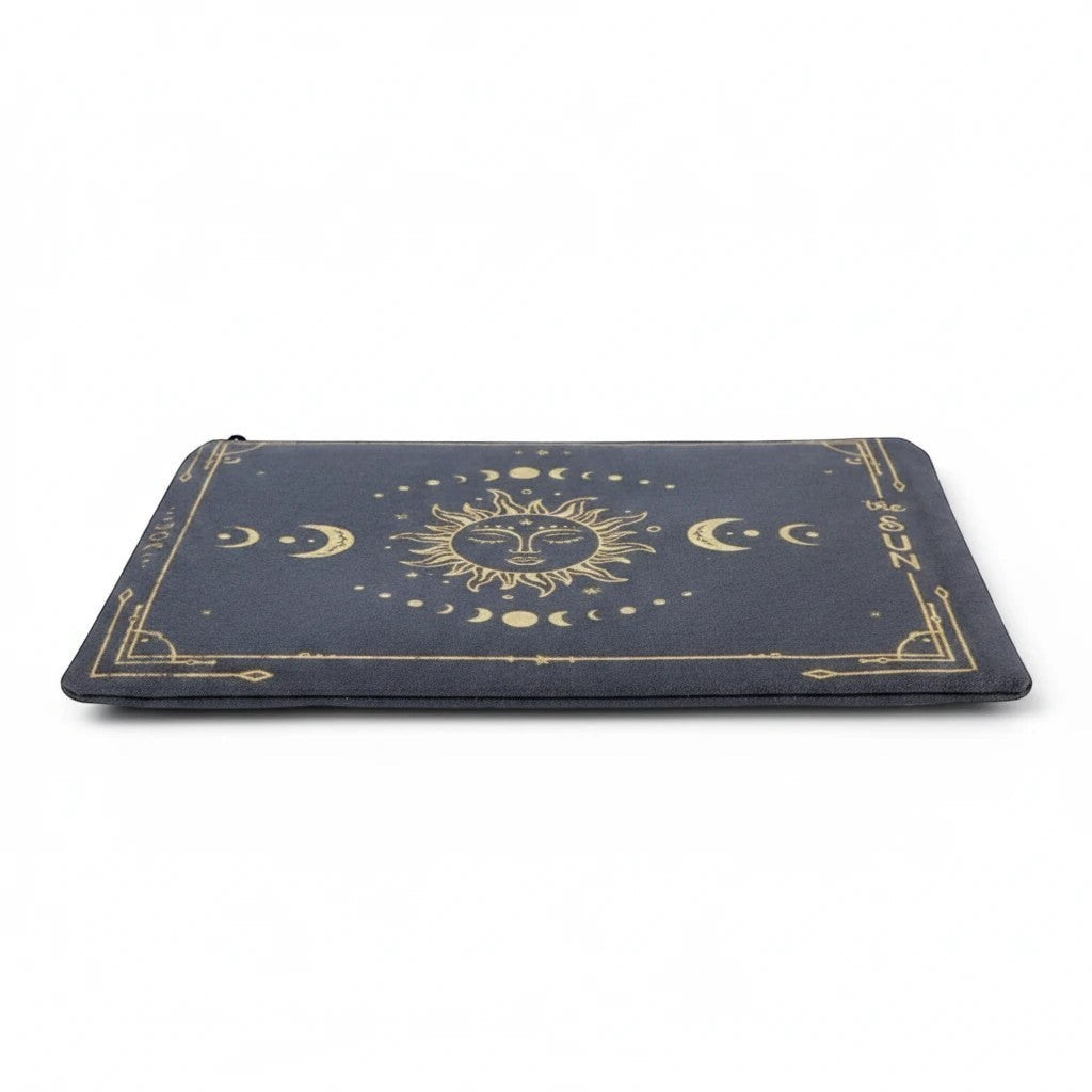 The Witches' Quest zippered canvas pouch in dark grey with a gold celestial sun and moon design.