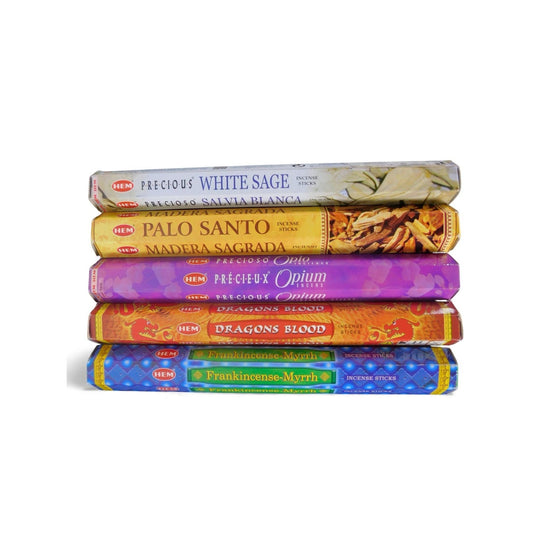 The Witches' Quest ceremonial incense pack featuring five HEM scent tubes including White Sage, Palo Santo, and Opium.