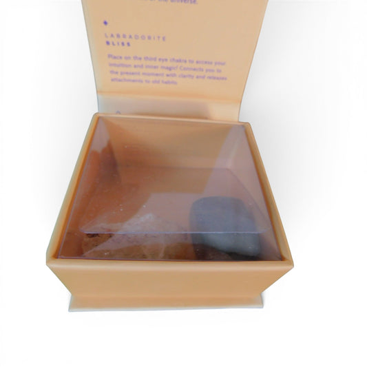 The Witches' Quest Crystal Magic mini set featuring citrine and labradorite stones in a branded gift box.