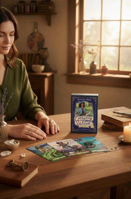 The Witches' Quest Everyday Witch Oracle deck with cards and guidebook displayed on a wooden table by a woman.