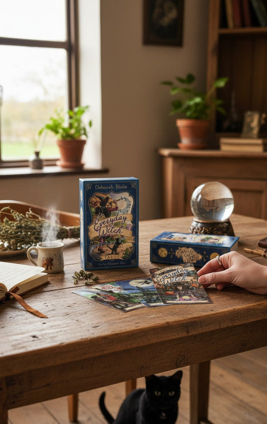 The Witches' Quest Everyday Witch Tarot deck with guidebook, featuring whimsical illustrations on a wooden table.