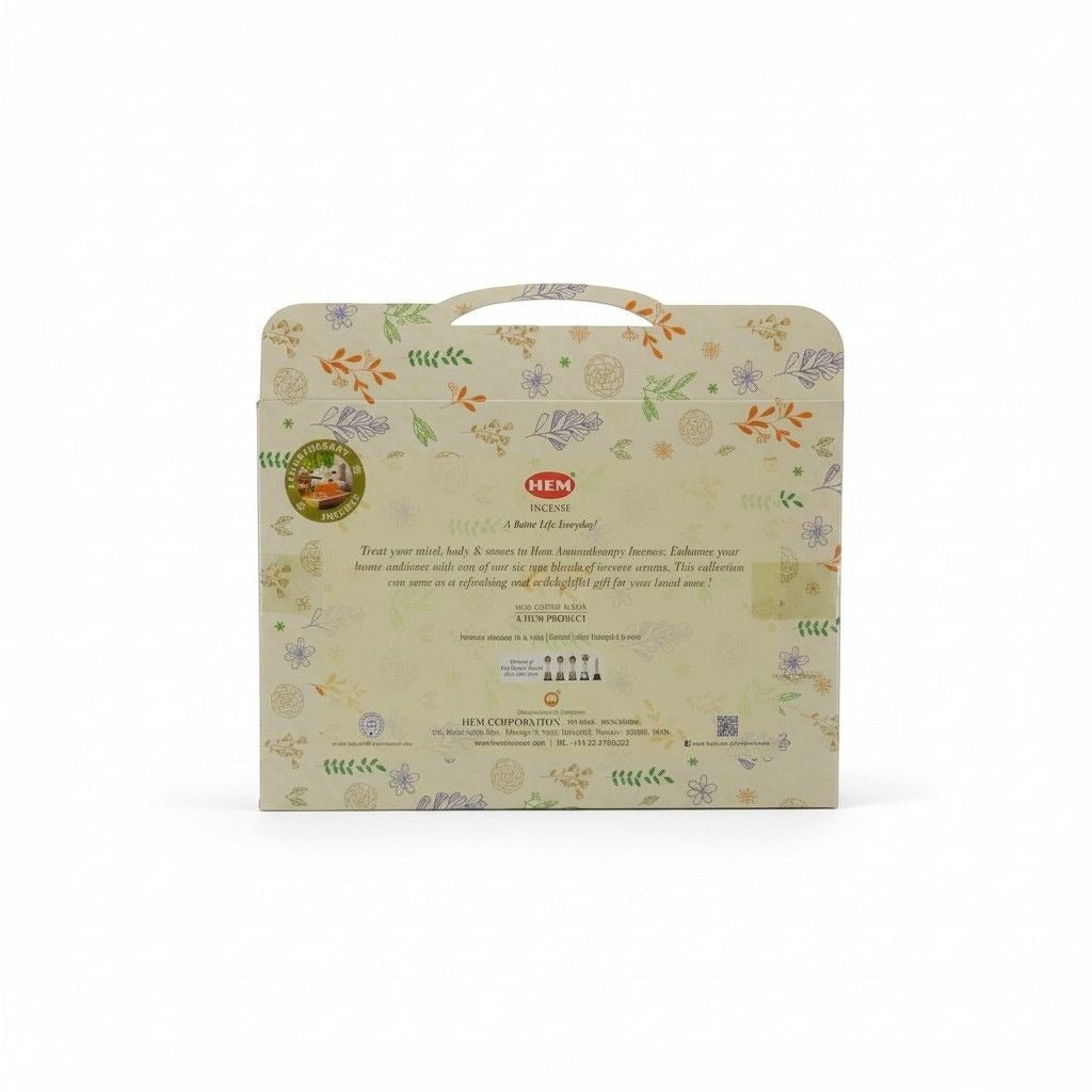 The Witches' Quest HEM aromatherapy incense gift set in a cream-colored box with delicate floral patterns.
