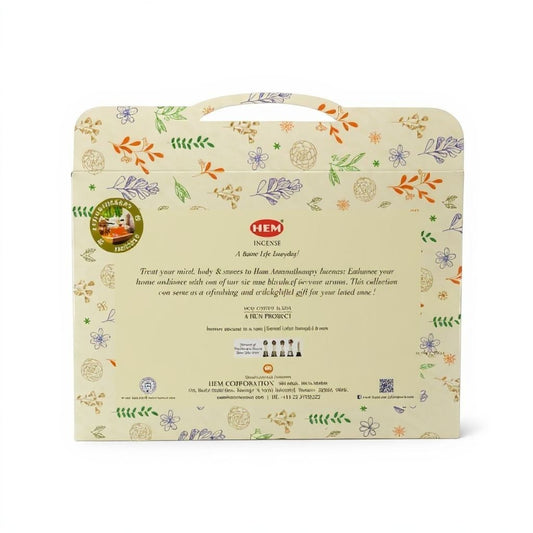 The Witches' Quest HEM aromatherapy incense sticks gift set in a cream box with colorful floral patterns and handle.