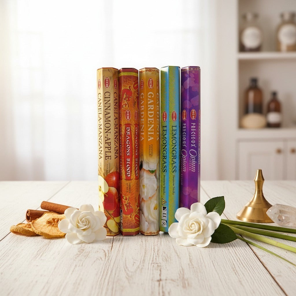 The Witches' Quest HEM incense variety pack featuring five scent boxes with cinnamon, dragon's blood, and floral notes.