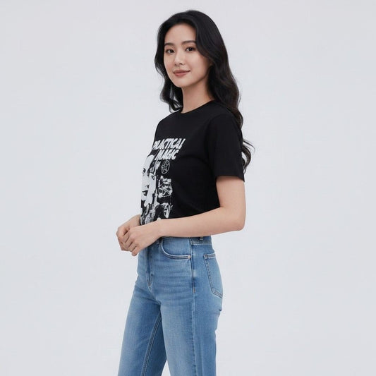 The Witches' Quest black cotton crewneck t-shirt with Practical Magic graphic print worn by a woman with blue jeans.