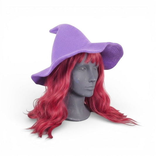 The Witches' Quest purple knit witch hat with a wide brim and pointed top on a mannequin with long red hair.