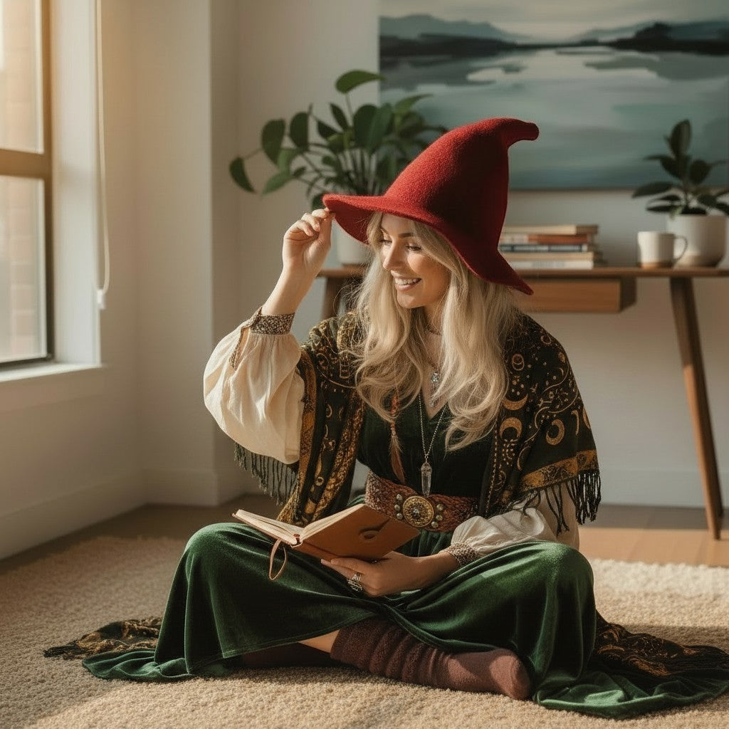 The Witches' Quest red knit wide-brim witch hat worn by a woman reading a book in a cozy room.