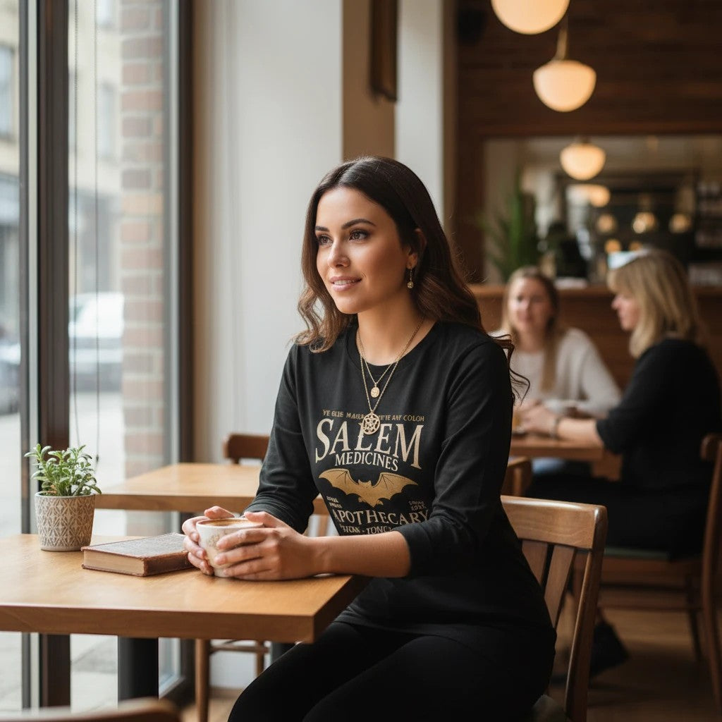 The Witches' Quest black long sleeve crewneck shirt with Salem Apothecary gold graphic worn by a woman in a cafe.