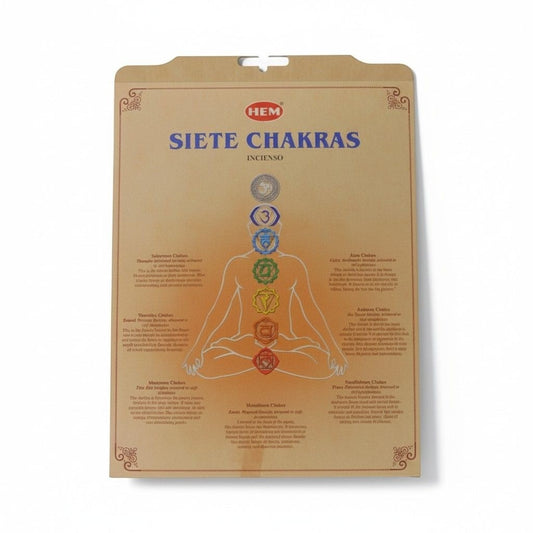 The Witches' Quest Seven Chakras incense sticks packaging featuring a meditation figure with colorful chakra symbols.