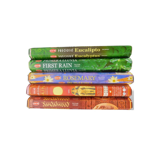 The Witches' Quest solar incense pack featuring 5 HEM scent tubes including Eucalyptus, First Rain, Rosemary, Sun, and Sandalwood.