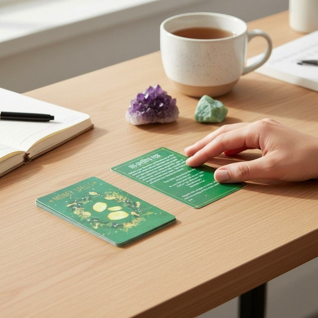 The Witches' Quest spell deck cards with green botanical designs on a wooden desk with crystals and a tea mug.