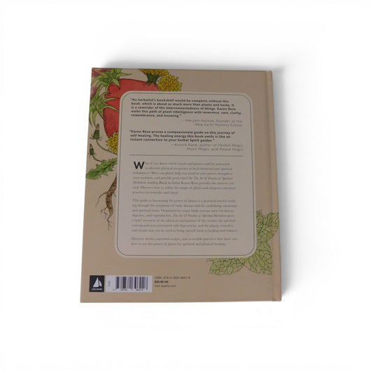The Witches' Quest The Art & Practice of Spiritual Herbalism hardcover book back cover with botanical illustrations.