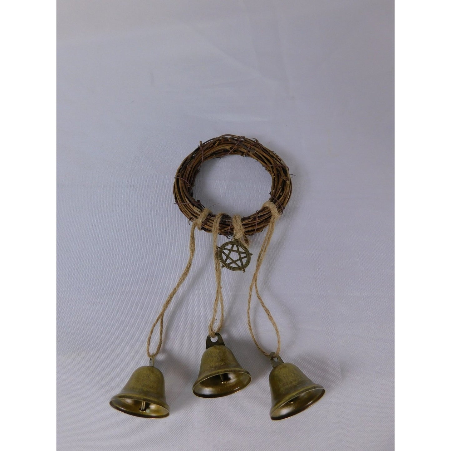 Handmade Witches Bells Protection Grapevine Wreath With Brass Bells & Pentacle Decoration