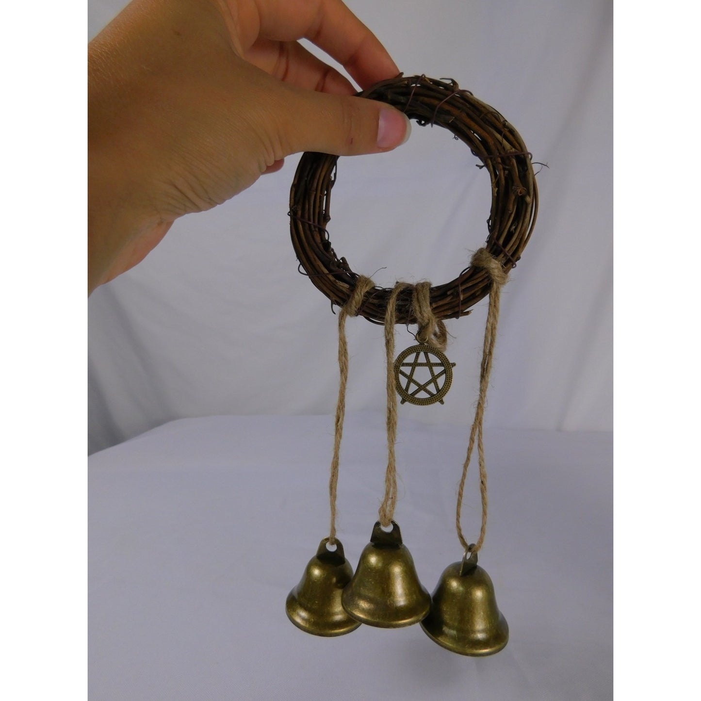 Handmade Witches Bells Protection Grapevine Wreath With Brass Bells & Pentacle Decoration