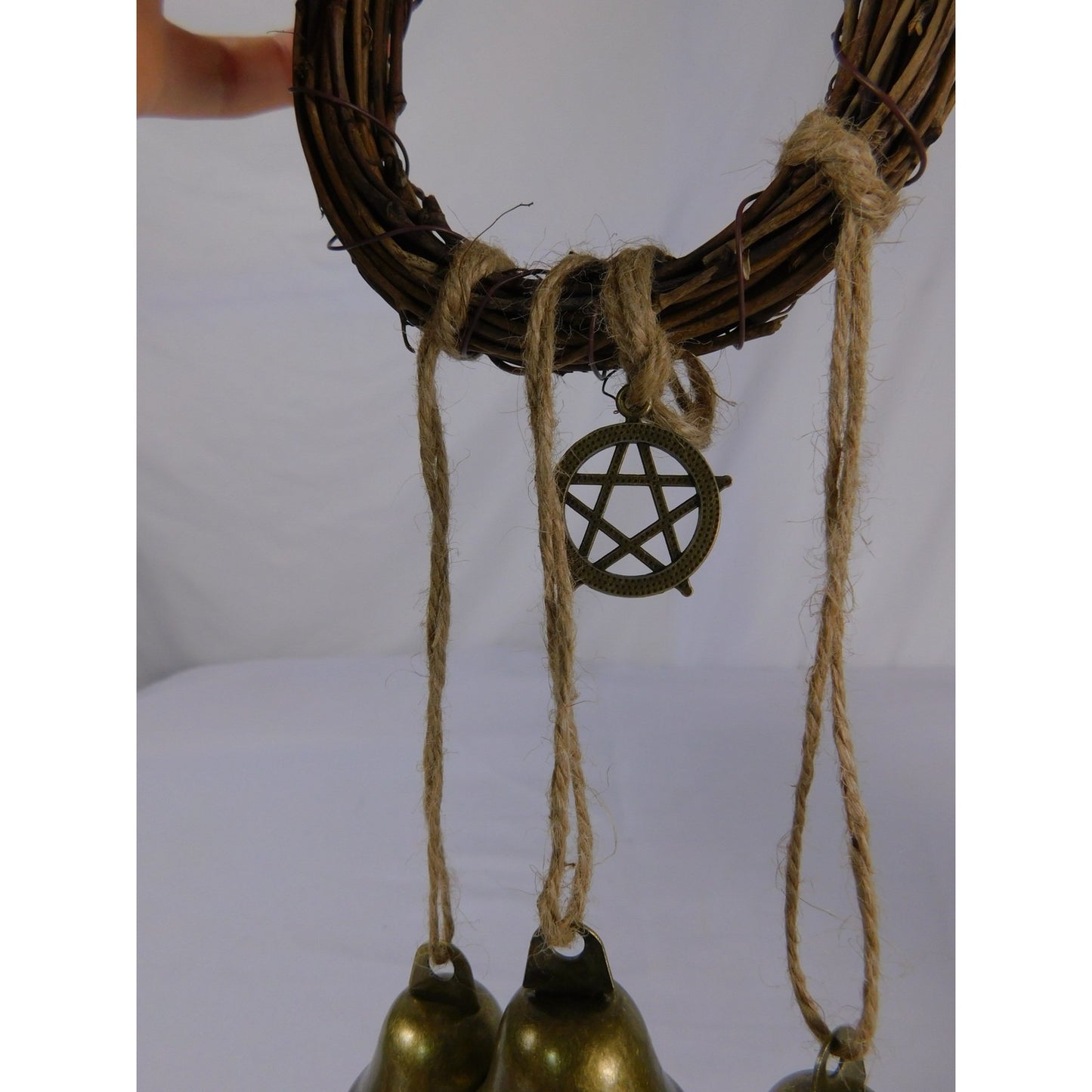 Handmade Witches Bells Protection Grapevine Wreath With Brass Bells & Pentacle Decoration