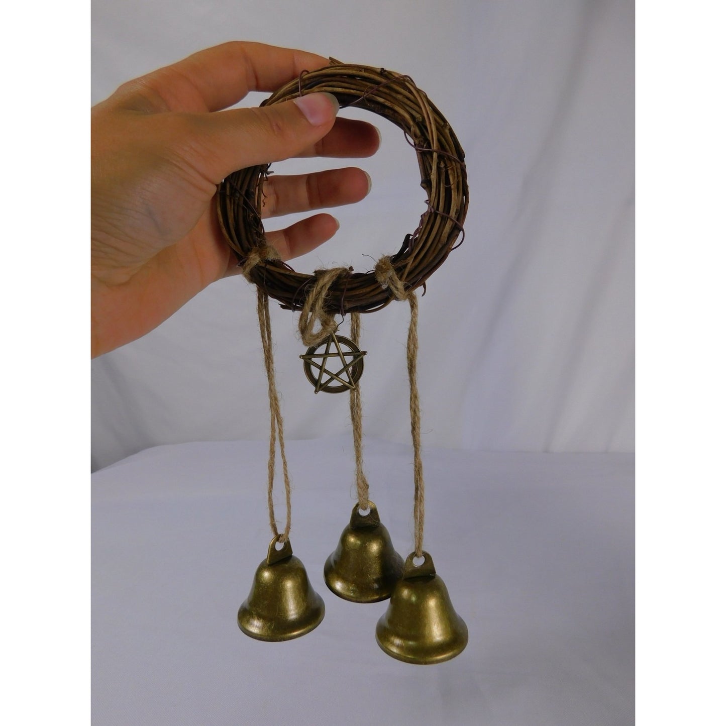 Handmade Witches Bells Protection Grapevine Wreath With Brass Bells & Pentacle Decoration