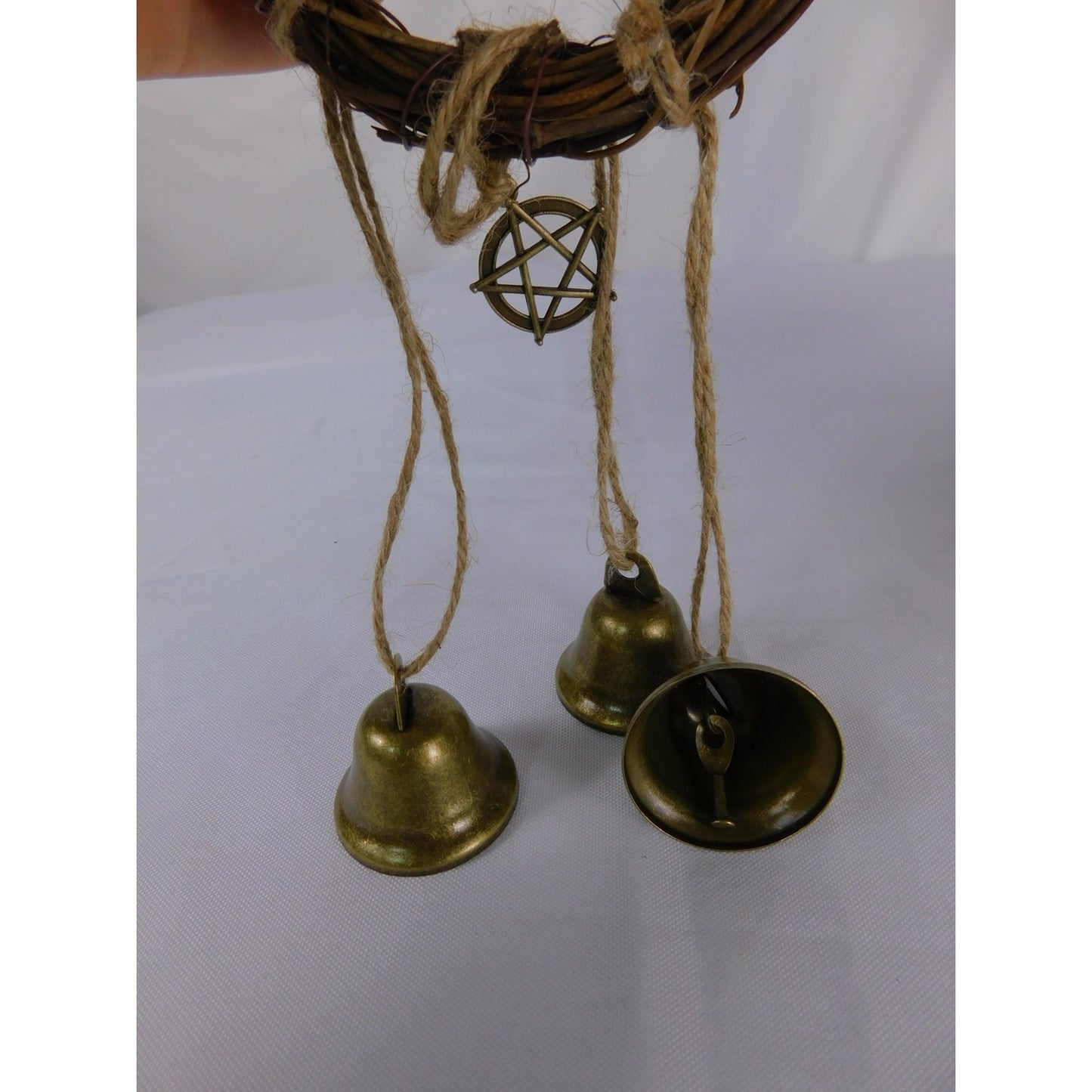 Handmade Witches Bells Protection Grapevine Wreath With Brass Bells & Pentacle Decoration