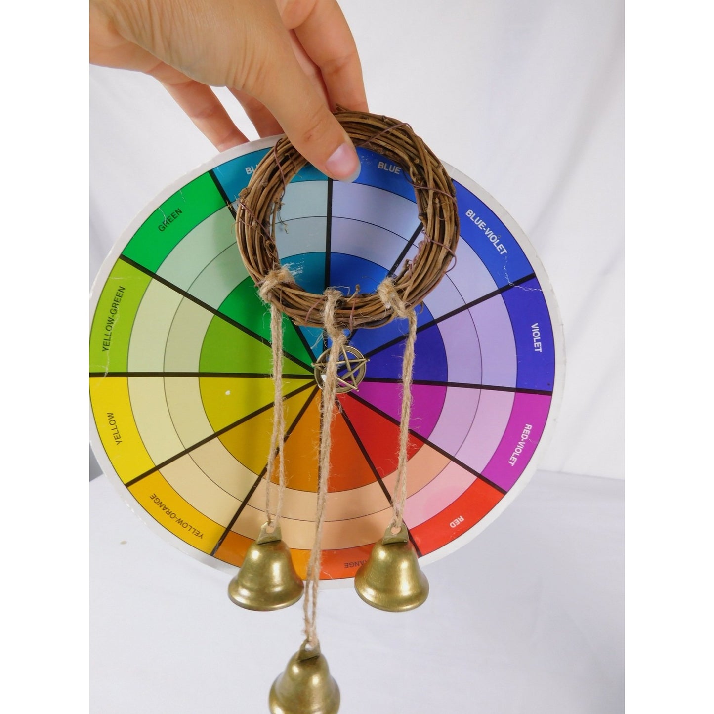 Handmade Witches Bells Protection Grapevine Wreath With Brass Bells & Pentacle Decoration