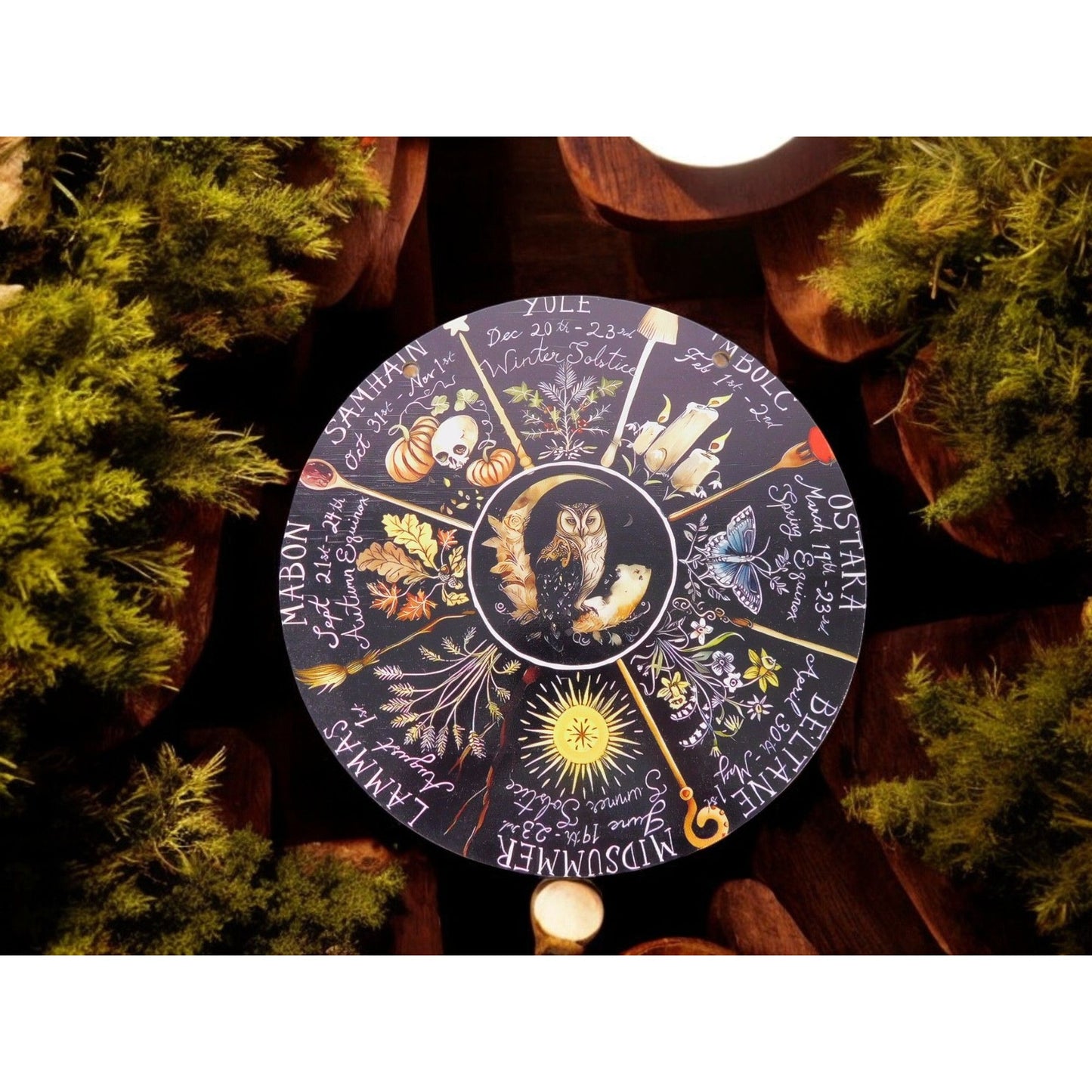 8" Wooden Owl Wheel of the Year Pagan Wiccan Wall Décor Calendar