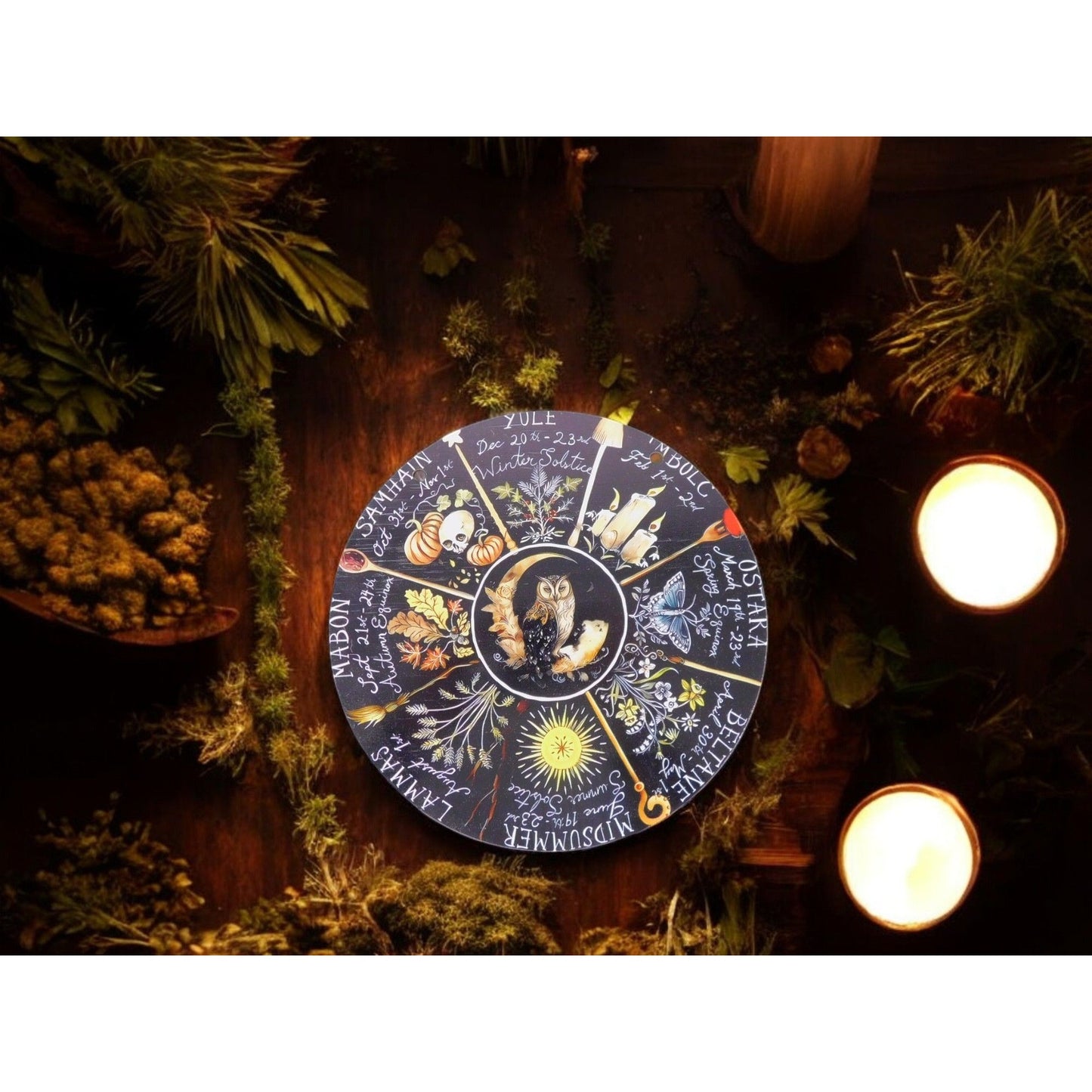 8" Wooden Owl Wheel of the Year Pagan Wiccan Wall Décor Calendar