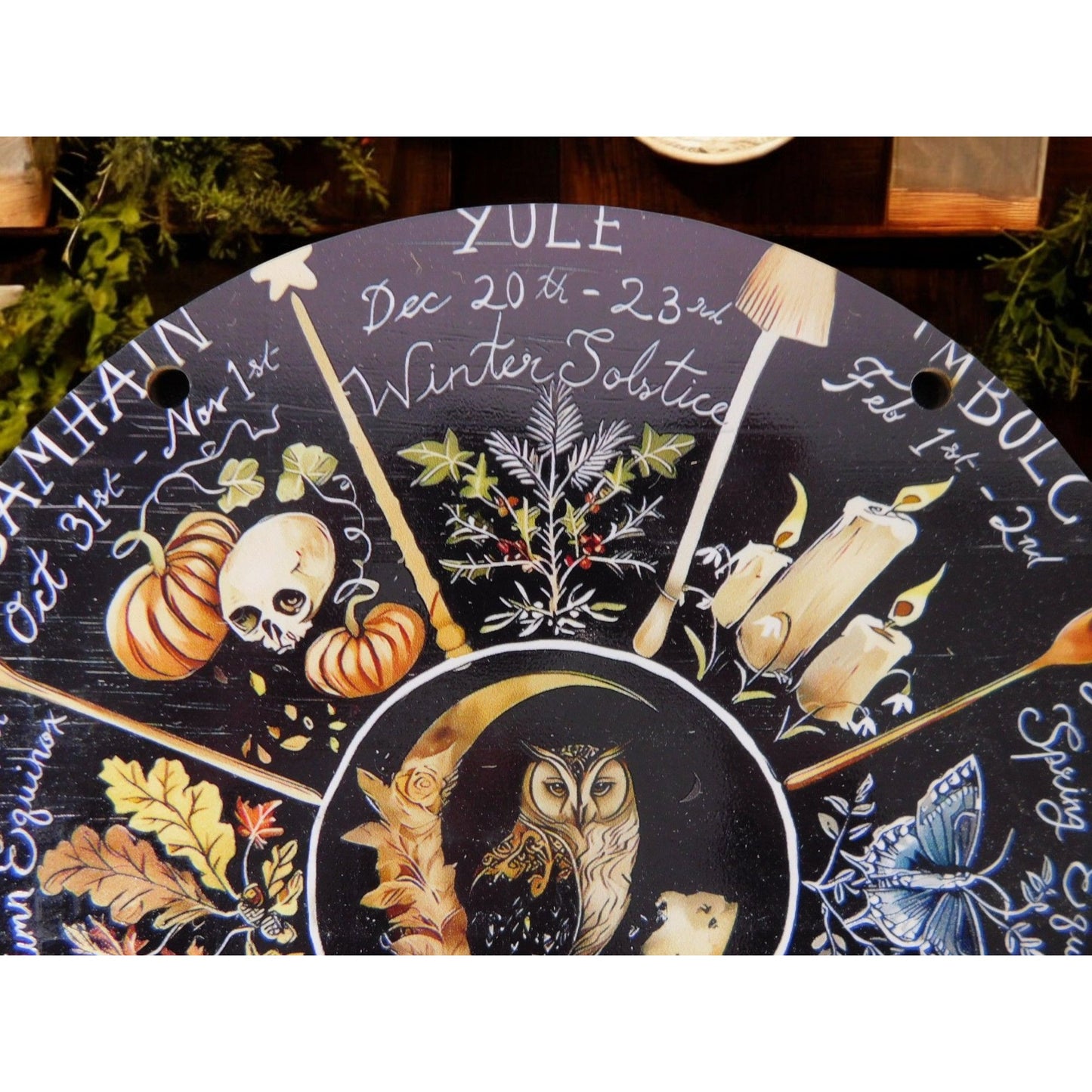 8" Wooden Owl Wheel of the Year Pagan Wiccan Wall Décor Calendar