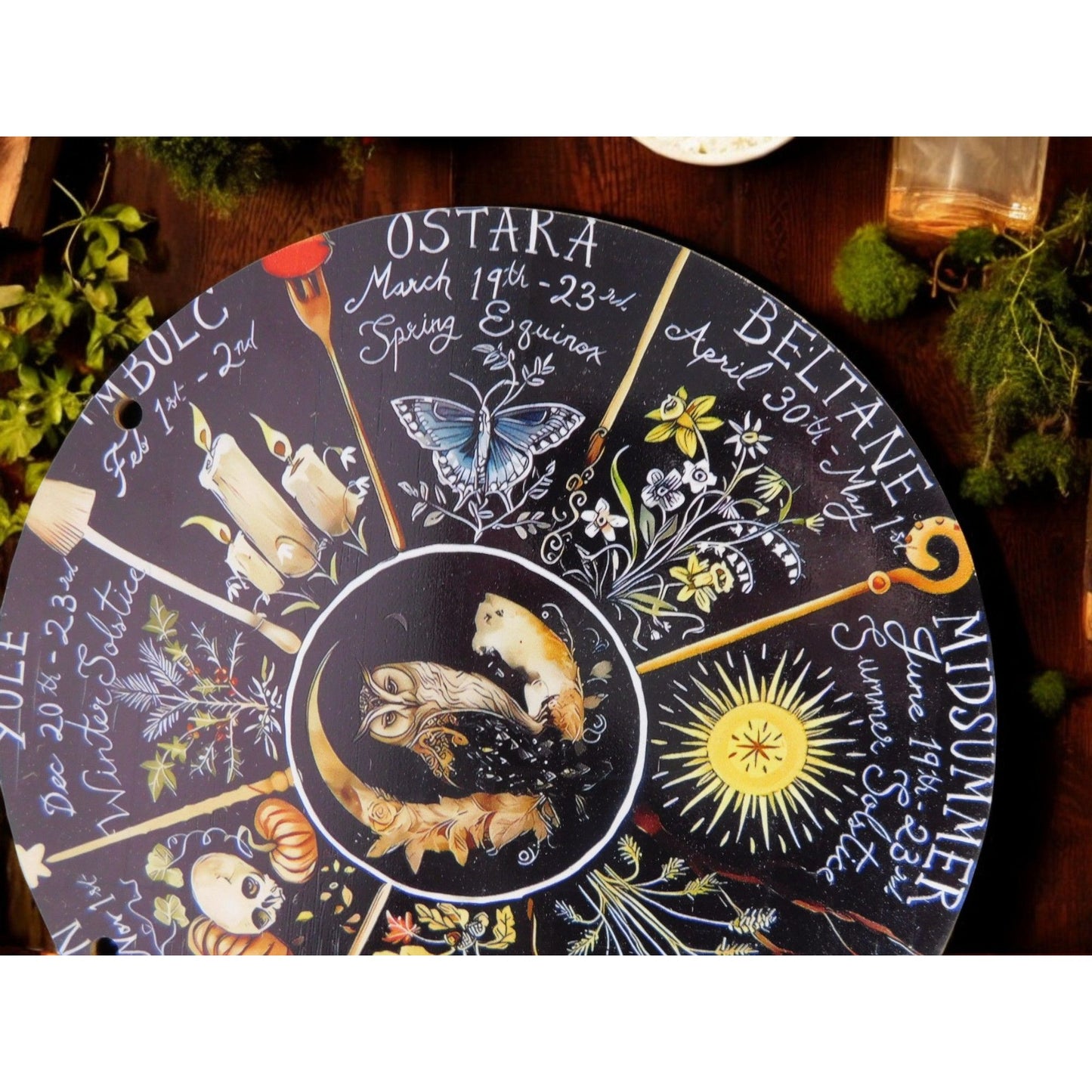 8" Wooden Owl Wheel of the Year Pagan Wiccan Wall Décor Calendar