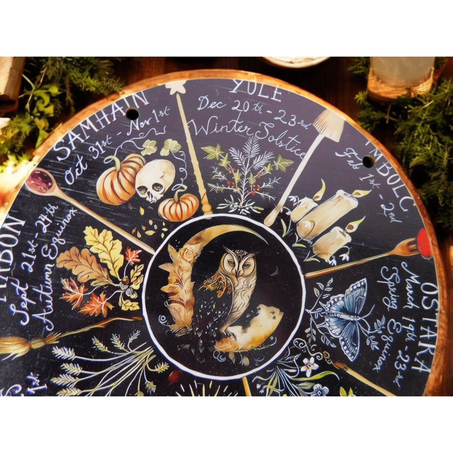 8" Wooden Owl Wheel of the Year Pagan Wiccan Wall Décor Calendar